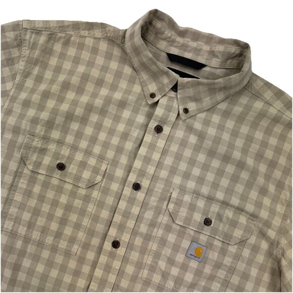 Carhartt Men’s 2XL Loose Fit Plaid Short Sleeve Button Up Work Shirt Tan Cotton - Picture 1 of 8